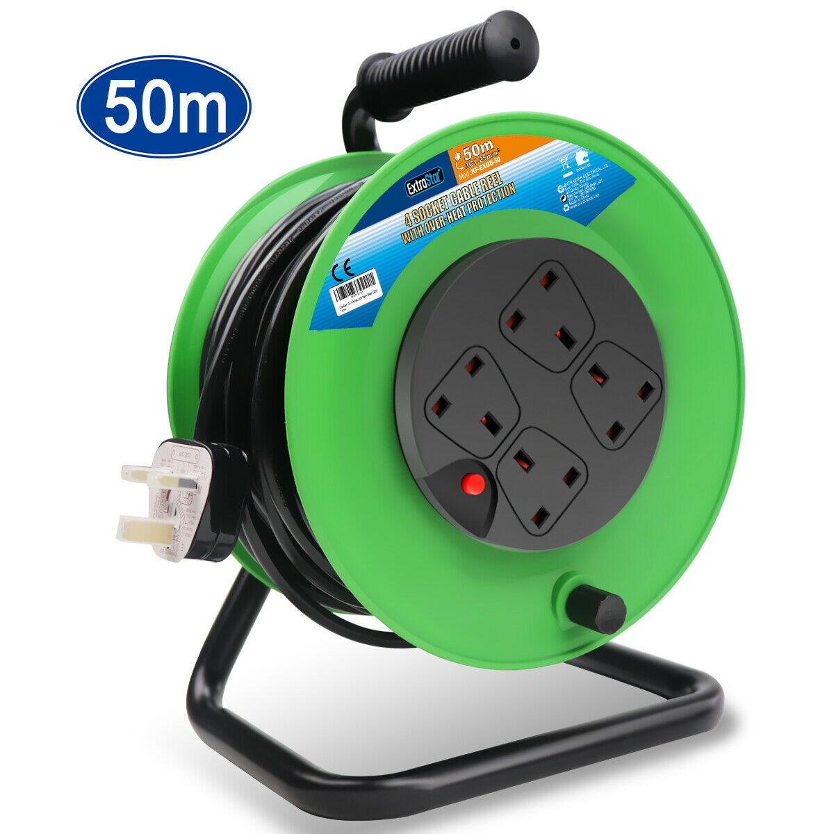 Heavy Duty 4 Gang Unswitched Cable Reel 50m - Green (KF-EXGB-50A) -  ExtraStar Electrical UK